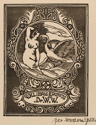 Exlibris by Josef Hodek from Czechoslovakia for ? Dr. W.W. - Erotica Ex Erotica Leda and the Swan 