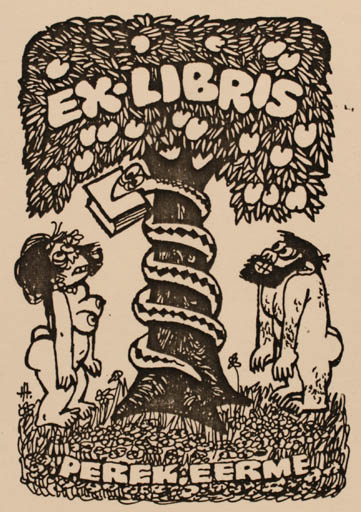 Exlibris by H Hübus from Estonia for Perek Eerme - Adam and Eve 