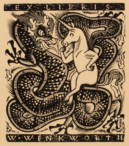 Exlibris by Mark F. Severin from Belgium for W Winkworth - Unicorn Fable Animal 