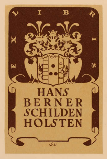 Exlibris by Christian Blæsbjerg from Denmark for Hans Berner Schilden Holsten - Heraldry 