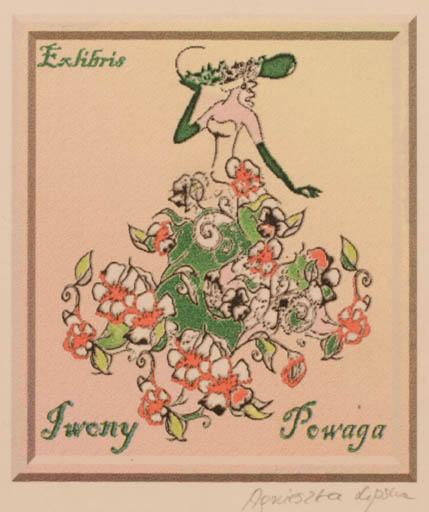 Exlibris by Agnieszka Lipska from Poland for Iweny Powaga - Flower Flora Woman 