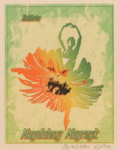 Exlibris by Agnieszka Lipska from Poland for Magdaleny Magrzyk - Flower Dancing Woman 