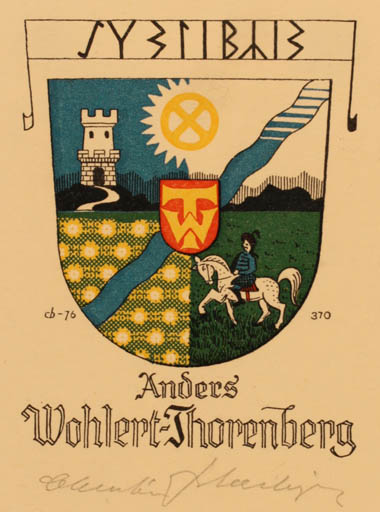Exlibris by Christian Blæsbjerg from Denmark for Anders Wohlert-Thorenberg - Castle/Palace Heraldry Horse 