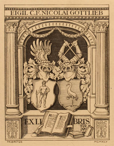 Exlibris by Friedrich Britze from Denmark for Eigil C. F. Nicolai Gottlieb - Heraldry 