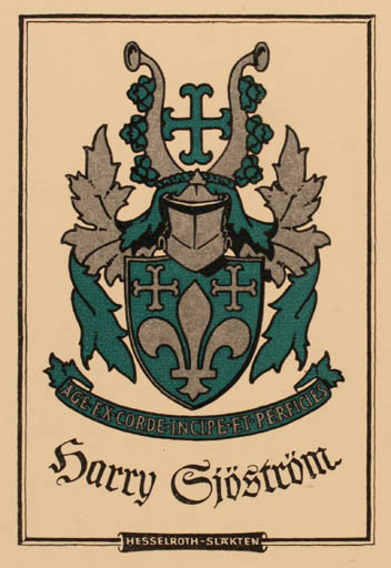 Exlibris by Jan Raneke from Sweden for Harry (slægten Hesselroth) Sjøstrøm - Heraldry 