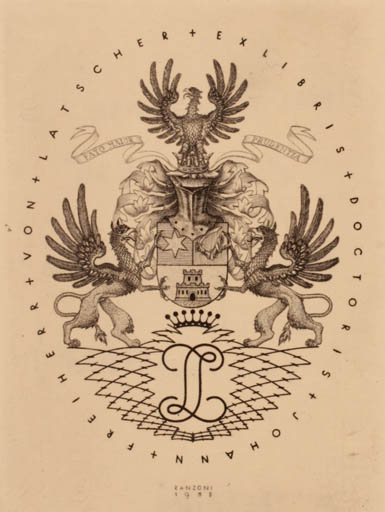 Exlibris by Hans Ranzoni from Austria for Dr. Johann Freiherr von Latscher - Fauna Heraldry 