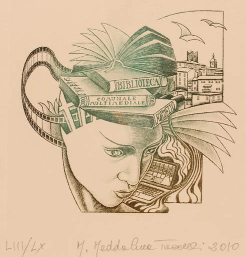 Exlibris by Maria Maddalena Tuccelli from Italy for Biblioteca Comunale Multimediale Formello - Book City Portrait 