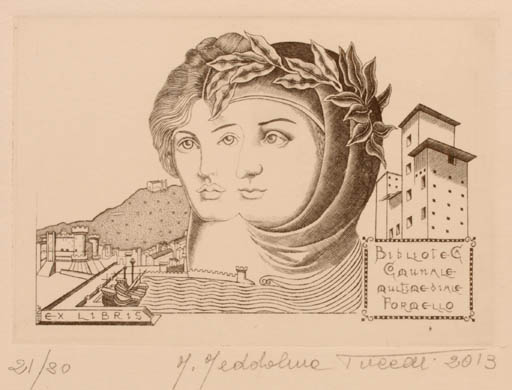 Exlibris by Maria Maddalena Tuccelli from Italy for Biblioteca Comunale Multimediale Formello - City Portrait 