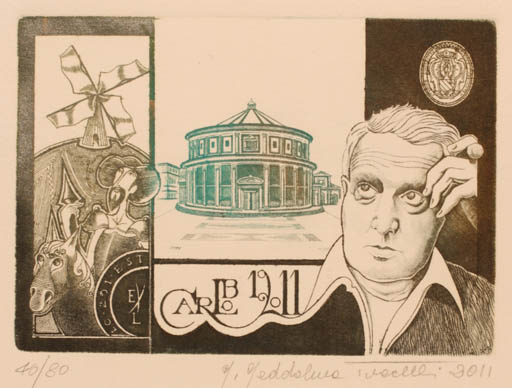 Exlibris by Maria Maddalena Tuccelli from Italy for B Carlo - Architecture Don Quijote Mill Portrait Horseman/Rider 