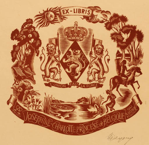 Exlibris by Nelly Degouy from Belgium for Princesse de Belgiuque Josephine Charlotte - Heraldry Regent/royalty 