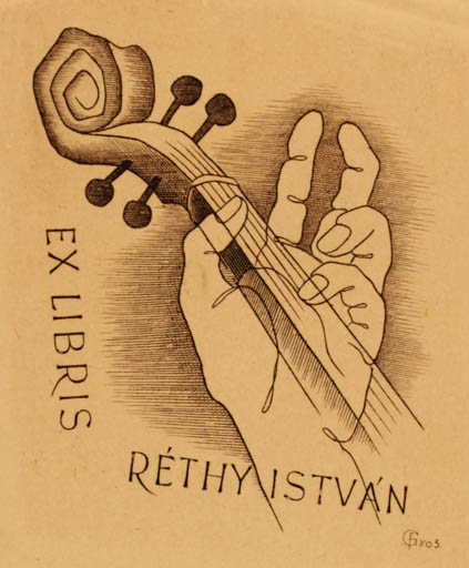 Exlibris by Ferenc Gal from Hungary for Dr. Istvan Rethy - Hand(s) Music 