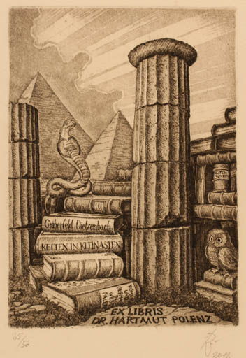 Exlibris by Andreas Raub from Germany for Dr. Hartmut Polenz - Classical antiquity Book Owl 