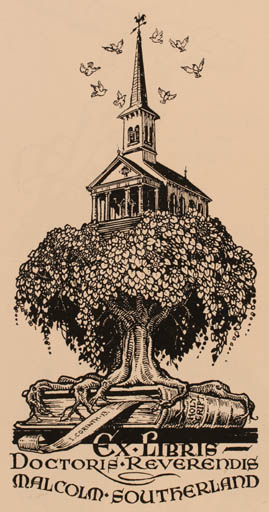 Exlibris by Bèla Petry from Hungary for Malcolm Southerland - Book Church Tree 