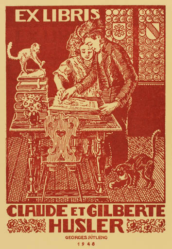 Exlibris by georges Ritleng from France for Claude et Gilberte Husler - Book Couple 