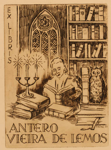 Exlibris by Fritz Bötel from Germany for Antero Viera De Lemos - Book Man Owl 