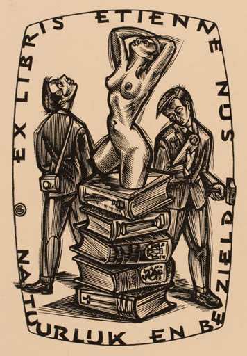 Exlibris by Gerard Gaudaen from Belgium for Son Etienne - Book Woman Man Nude 