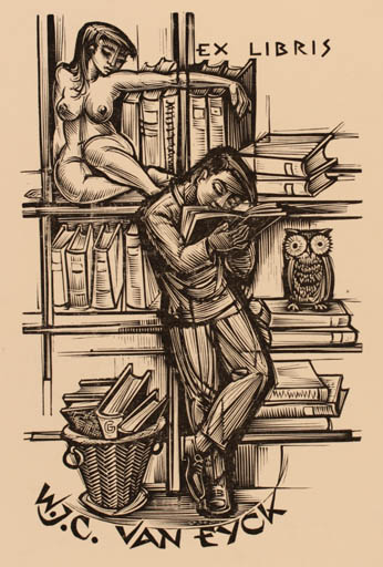 Exlibris by Gerard Gaudaen from Belgium for W. J. C. Van Eyck - Book Woman Man Nude Owl 