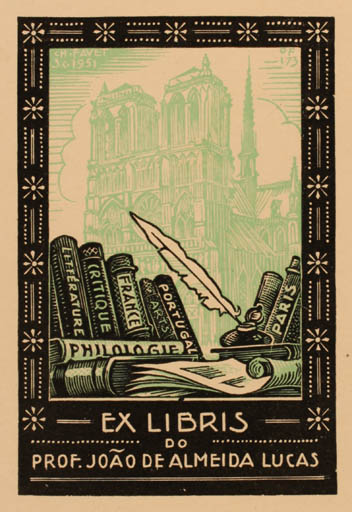 Exlibris by Charles Favet from France for Prof. Joáo de Almeida Lucas - Book Church 