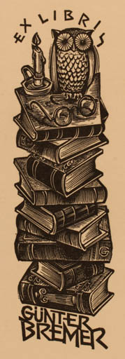 Exlibris by Gerard Gaudaen from Belgium for Guenter Bremer - Book Owl 