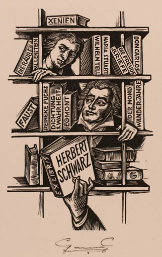 Exlibris by Gerard Gaudaen from Belgium for Herbert Schwarz - Book Man 