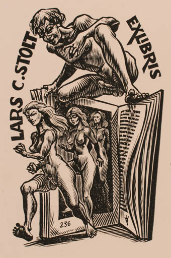 Exlibris by Gerard Gaudaen from Belgium for Lars C. Stolt - Book Erotica Woman Man Nude 