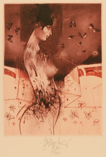 Exlibris by Jiri Brazda from Czech Republic for Vladimir Koblovsky - Woman Nude Butterfly 