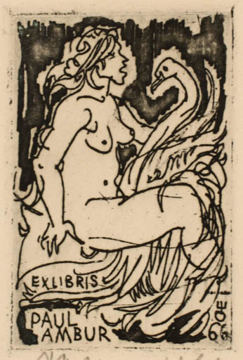 Exlibris by Evald Okas from Estonia for Paul Ambur - Erotica Leda and the Swan Mythology 