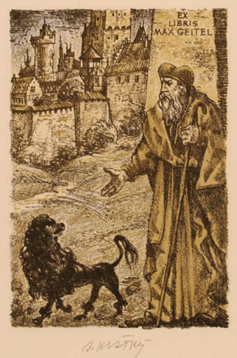 Exlibris by Bohumil Kratky from Czechoslovakia for Max Geitel - Castle/Palace City Dog Literature 