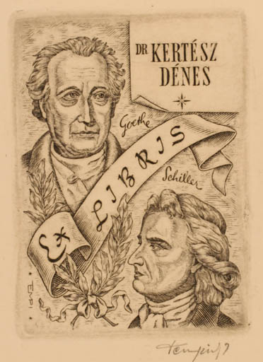 Exlibris by Istvan Tempinszky from Hungary for Dr. Denes Kertesz - Literature Portrait 