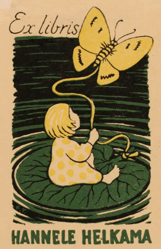 Exlibris by Erkki Tanttu from Finland for Hannele Helkama - Child Fairytale/fable Butterfly 