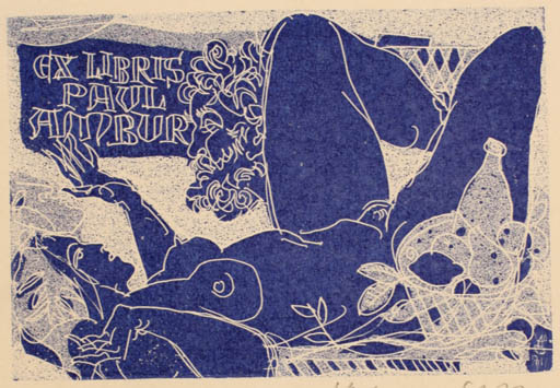 Exlibris by Evald Okas from Estonia for Paul Ambur - Woman Nude 