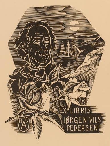 Exlibris by Josef Weiser from Czechoslovakia for Jørgen Vils Pedersen - Flower Maritime Portrait Ship/Boat 