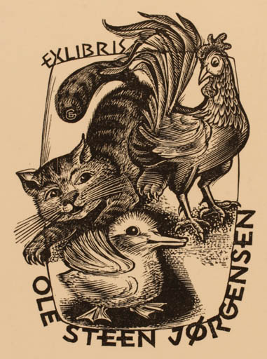 Exlibris by Gerard Gaudaen from Belgium for Ole Steen Jørgensen - Fairytale/fable Fauna Bird Cat 