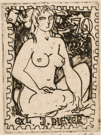 Exlibris by Evald Okas from Estonia for J. Bleyer - Woman Nude 