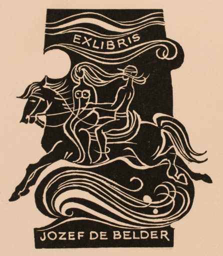 Exlibris by Dusan Janousek from Czechoslovakia for Josef De Belder - Horse Literature Couple Horseman/Rider 