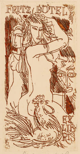 Exlibris by Evald Okas from Estonia for Fritz Bötel - Bird Woman Nude 