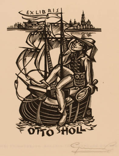 Exlibris by Gerard Gaudaen from Belgium for Otto Holl - Literature Ship/Boat Owl 