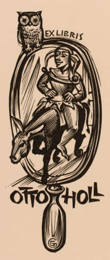 Exlibris by Gerard Gaudaen from Belgium for Otto Holl - Literature Horseman/Rider Owl 