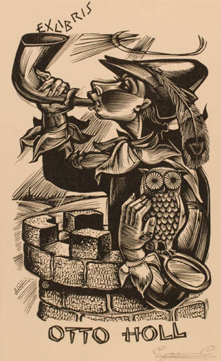 Exlibris by Gerard Gaudaen from Belgium for Otto Holl - Literature Owl 