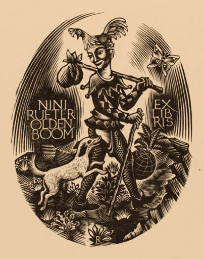 Exlibris by Pam Georg Rueter from Netherland for Nini Rueter-Oldenboom - Bird Globe Dog Literature Butterfly 