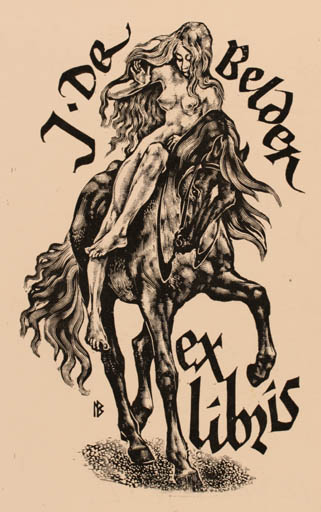 Exlibris by Leslie Benenson from Great Britain for Jan Belder - Horse Woman Literature Nude 