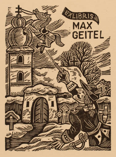 Exlibris by Hermann Huffert from Germany for Max Geitel - Horse Church Literature Man 