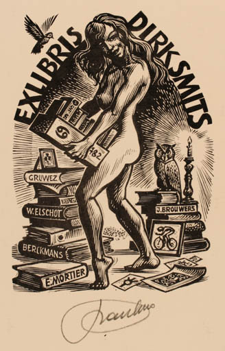 Exlibris by Frank-Ivo van Damme from Belgium for Dirk Smits - Book Woman Nude Owl 