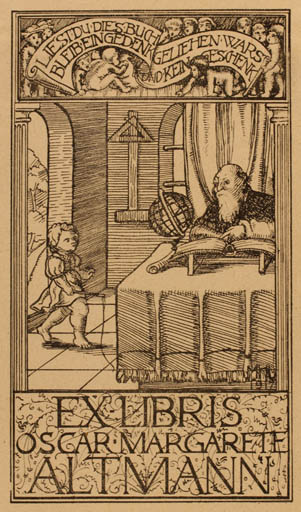 Exlibris by ? ? from Unknown for Oscar u. Margarete Altmann - Child Interior Globe Man 