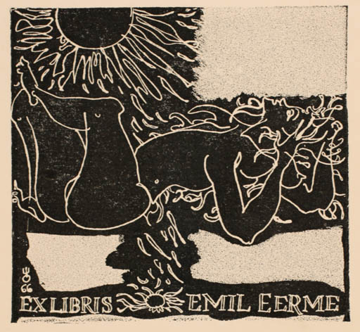 Exlibris by Evald Okas from Estonia for Emil Eerme - Woman Nude Sun 