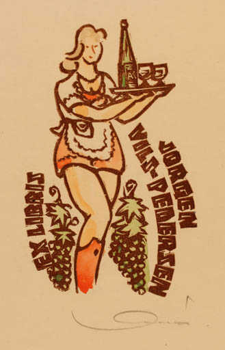 Exlibris by Kàroly Andrusko from Yugoslavia for Jørgen Vils Pedersen - Woman Wine 