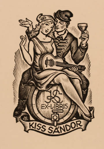 Exlibris by Istvàn Drahos from Hungary for Sandor Kiss - Music Couple Romance Wine 