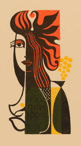 Exlibris by Dusan Janousek from Czech Republic for Inge Rödel - Woman Wine 