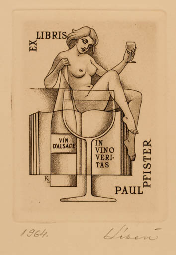 Exlibris by Laszlo Kekesi from Hungary for Paul Pfister - Book Woman Wine 