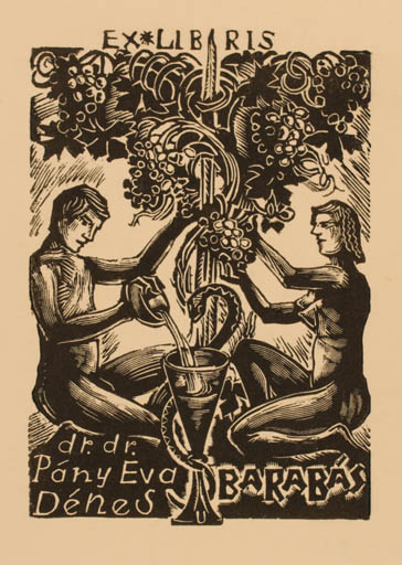 Exlibris by Peteris Upitis from Latvia for Dr. Eva + Dr. Denes Barabas - Adam and Eve Couple Wine 